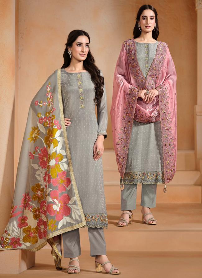 Chinnon Chiffon Grey Festival Wear Emboidery Work Straight Suit